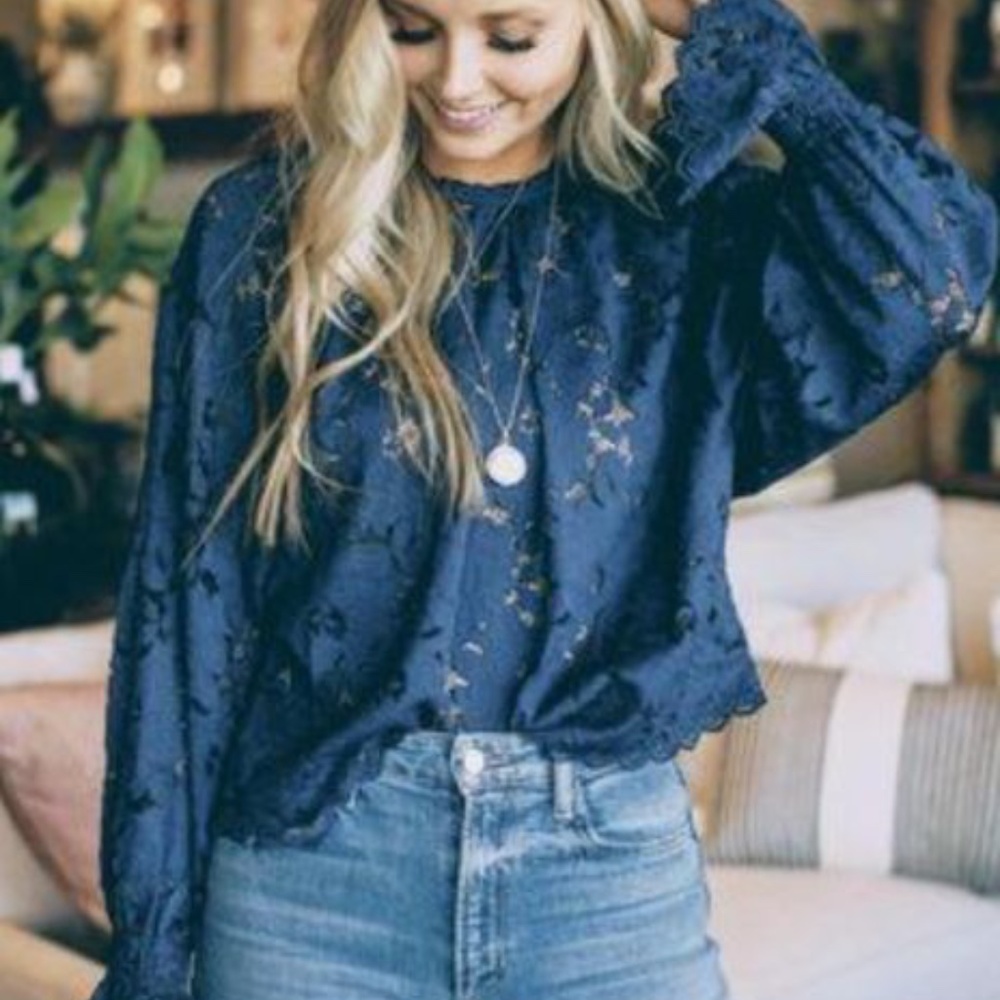 Free People Olivia Floral Lace Ruffle Bell Sleeve Navy Blue Blouse~ NWT ~ Size M